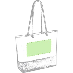 A tote bag with long straps and a green rectangular patch. The bag features a simple two-tone design.