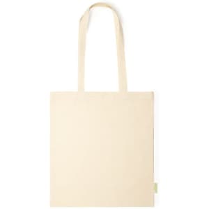 A beige tote bag with two handles and a small logo tag. Simple and versatile design.