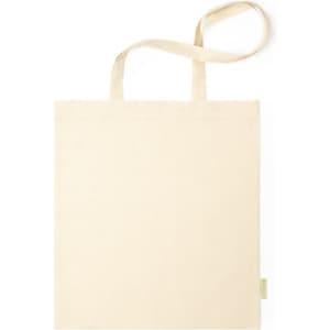 A cream-coloured tote bag with long handles and a simple design, featuring a logo.