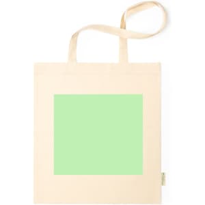 A beige tote bag with a large mint green square and shoulder straps. The bag features a logo.