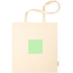 A cream tote bag featuring a solid mint green square in the centre and a branding tag on the side.