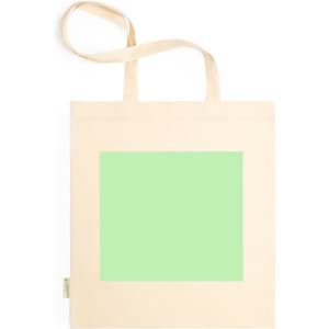 A cream tote bag with green design space and shoulder straps. It features a logo on one side.