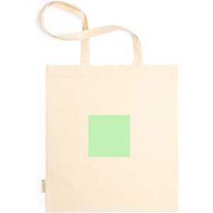 A light beige tote bag featuring a green square design and a strap for carrying. It has a branding logo.