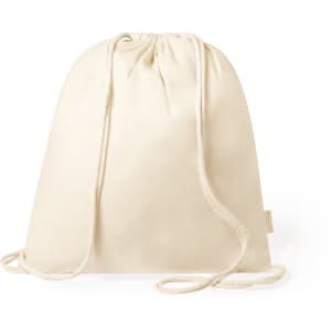 A cream drawstring bag with a natural finish and matching ropes, featuring a small logo.