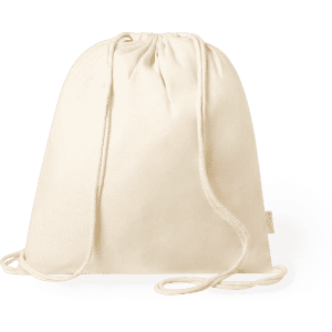 A cream drawstring bag with matching cords, featuring a small logo. Ideal for storage and carrying items.