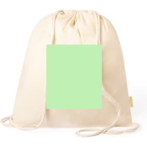 A cream drawstring bag with a green square area, featuring rope handles and a simple design.