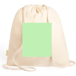 A beige drawstring bag with two cords and a blank green square in the centre. It features a branding label.