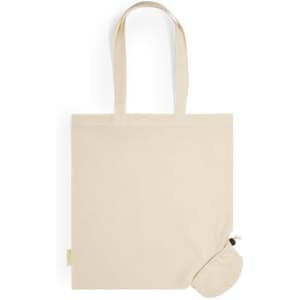 A beige foldable tote bag with long handles, featuring a small pouch for compact storage and a logo.