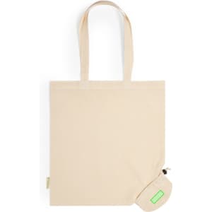 A beige foldable tote bag with long handles and a small pouch for storage. It features a logo on the pouch.
