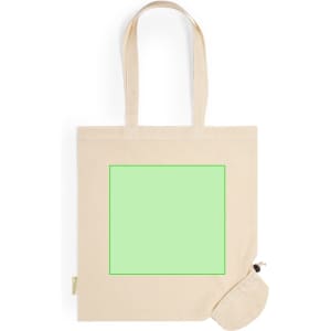 A foldable tote bag in natural colour with long handles and an attached pouch, featuring a green square design.