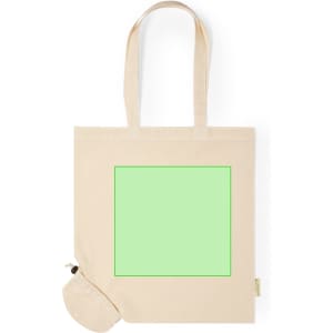 A beige foldable tote bag with two handles and a small pouch for storage, featuring a green square area.