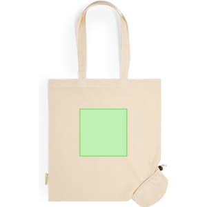A beige foldable tote bag with a green square and a small pocket for storage. It features sturdy handles and a logo.