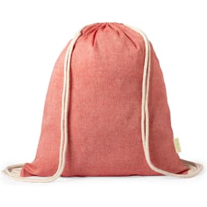 A red drawstring bag with cream-coloured cords, featuring a simple design and a small logo.