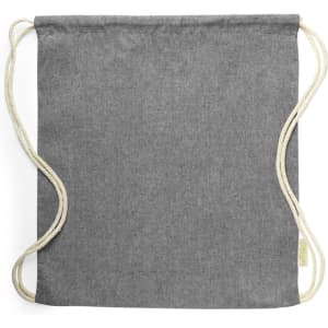 A grey drawstring bag featuring natural-coloured cords and a small branding label.