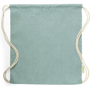 A light green drawstring bag with off-white cords and a small logo.
