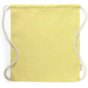 A yellow drawstring bag with white cords and a simple design, featuring a branding logo.