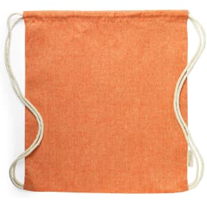 An orange drawstring bag with white cords, featuring a small logo on the side.