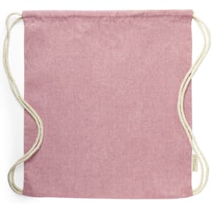 A pink drawstring bag made of fabric with light-coloured cords and a small logo.