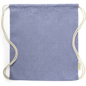 A blue drawstring bag with cream-coloured cords and a small logo label at the bottom.
