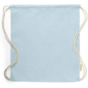 A light blue drawstring bag with natural-coloured cords and a simple design. It features a logo on the side.