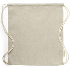 A beige drawstring bag with light-coloured cords and a small logo on the bottom corner.