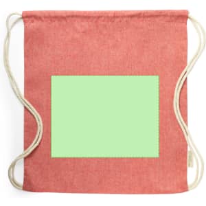 A red drawstring bag featuring a blank green rectangular area and cream-coloured drawstrings.