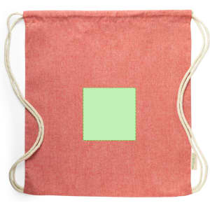 A red drawstring bag with cream straps and a blank green square in the centre, featuring a logo tag on the side.