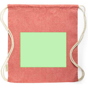 A red drawstring bag with white cords and a blank green rectangular area in the centre.