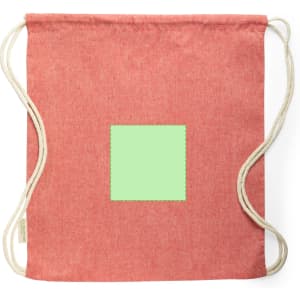 A coral drawstring bag with a light green square area and cream-coloured cords. It features a logo.