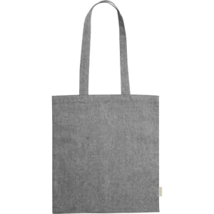 A grey tote bag with two long handles and a simple design. It features a logo on one side.