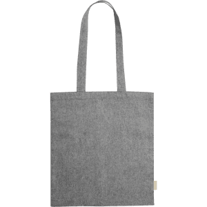 A grey tote bag with two shoulder straps and a simple design. It features a branding label.