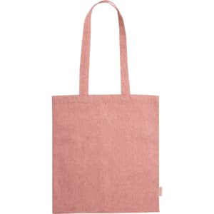A pink tote bag with two handles and a textured fabric design. It features a logo on one side.