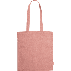 A pink tote bag with two handles and a branded tag at the side.