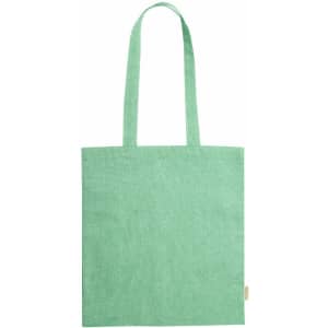 A green tote bag with two long handles and a simple design. It features a small logo on the side.