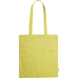 A yellow tote bag with handles and a simple design. It features a logo on the side.