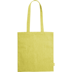 A bright yellow tote bag with sturdy handles and a textured fabric, featuring a logo.