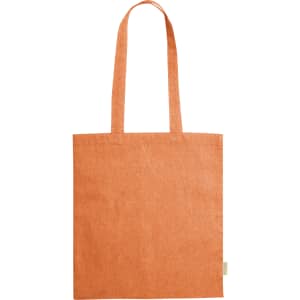 An orange tote bag with two handles and a small logo tag. Simple and functional design.