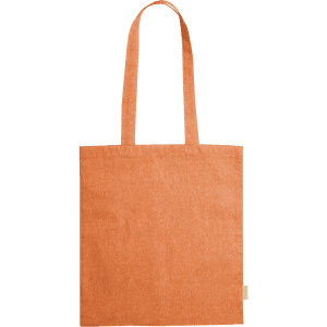 An orange tote bag with long handles, featuring a simple design and a small logo label.