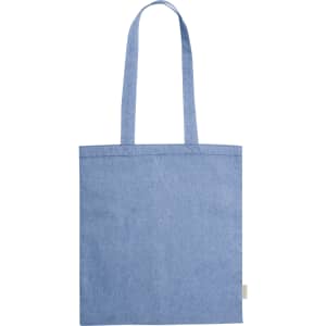 A blue tote bag with two handles and a simple design. The bag has a logo on one side.