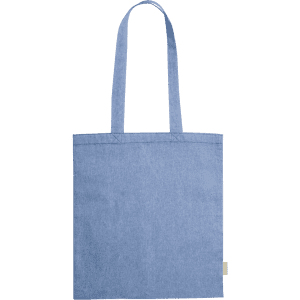 A blue tote bag with two handles and a simple design, featuring a small logo tag.