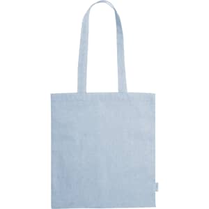 A light blue tote bag with two handles and a simple design. It features a logo on one side.
