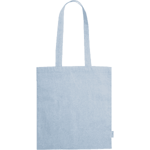 A light blue tote bag with long handles and a simple design. It features a logo on the side.