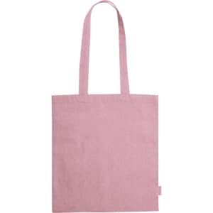 A pink tote bag with long handles and a small brand label on the side.