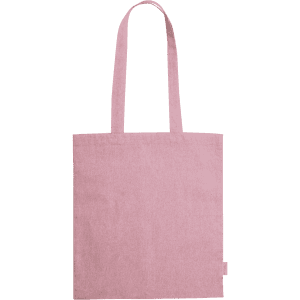 A pink tote bag with two handles and a small logo on the side.