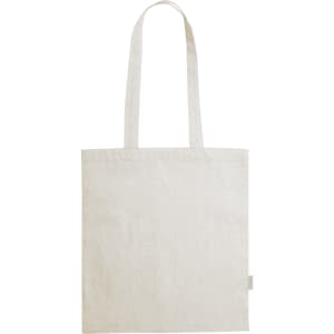 A natural-coloured tote bag with sturdy handles and a subtle branding tag.
