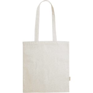 A cream tote bag with long handles, featuring a simple design and a small logo.