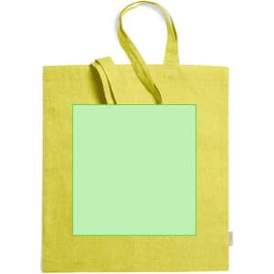 A lime green tote bag with two handles and a blank square area for custom designs. It features a logo on the side.