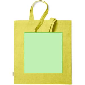 A lime green tote bag with a square blank area in the centre and two shoulder straps. It features a logo.