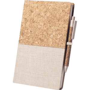 A notepad with a cork upper section and a light fabric lower section, featuring a attached pen.