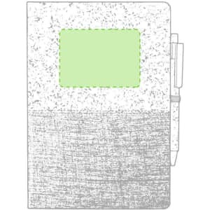 A notepad with a textured grey cover and a green decorative section at the top, accompanied by a pen.